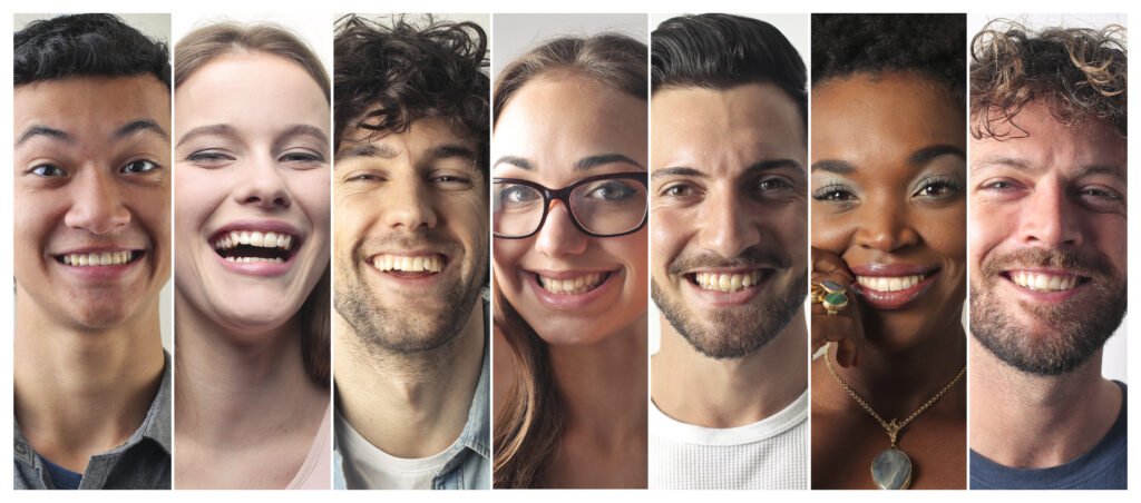 collage of seven diverse people smiling broadly, close-up portraits showing cheerful expressions